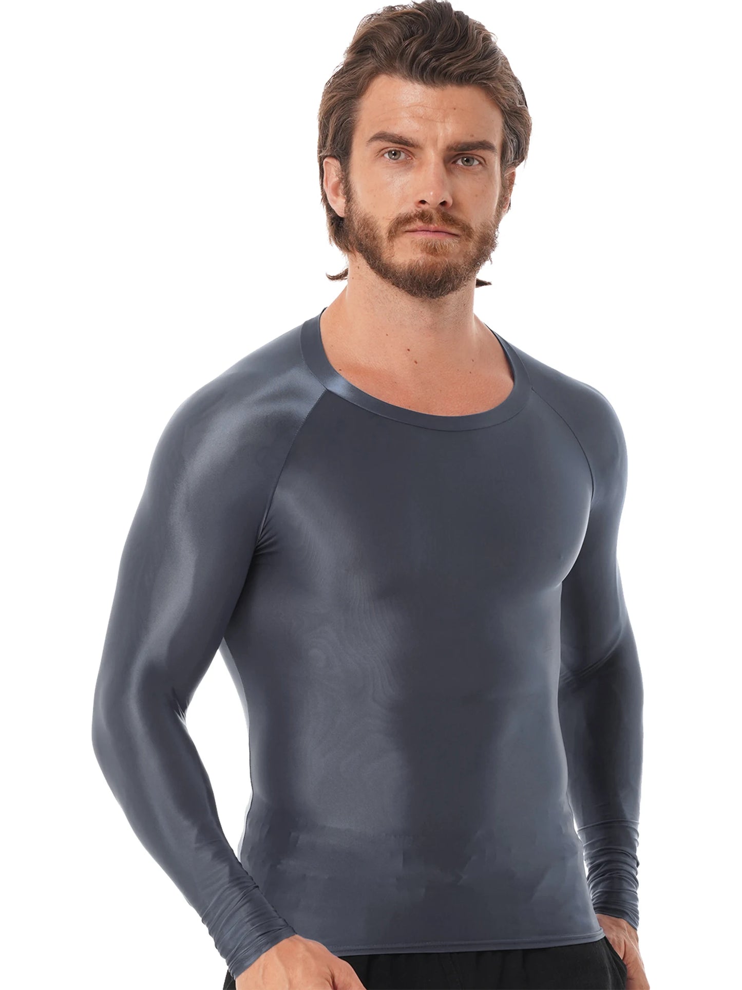 Mens Glossy Sports Tops Long Sleeve T-shirt Solid Color Slim Fit Breathable Fitness Gymnastics Workout Tops Yoga Beach Swimwear