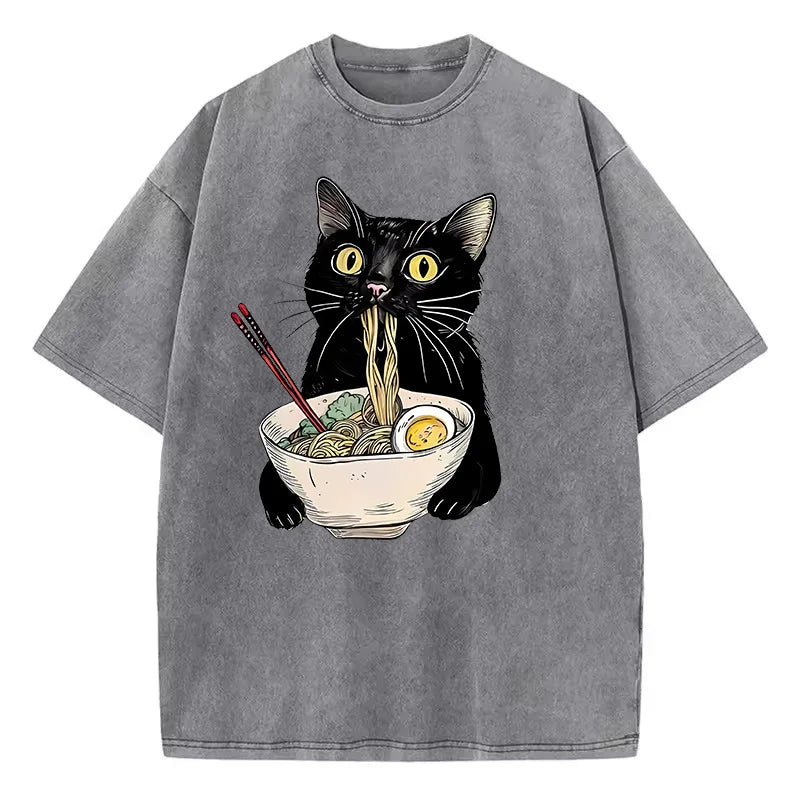 Black Cotton Cat Eating Ramen Graphic Tee