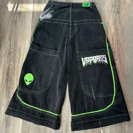 Wide Leg Denim Jeans for Men with Alien Pattern