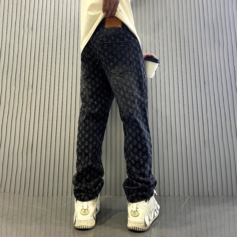 American Ins Street Clothing Retro Embroidered Printed Trousers Fashion Brand Jacquard Design Men's Y2K Wide Legs Hip Hop Jeans