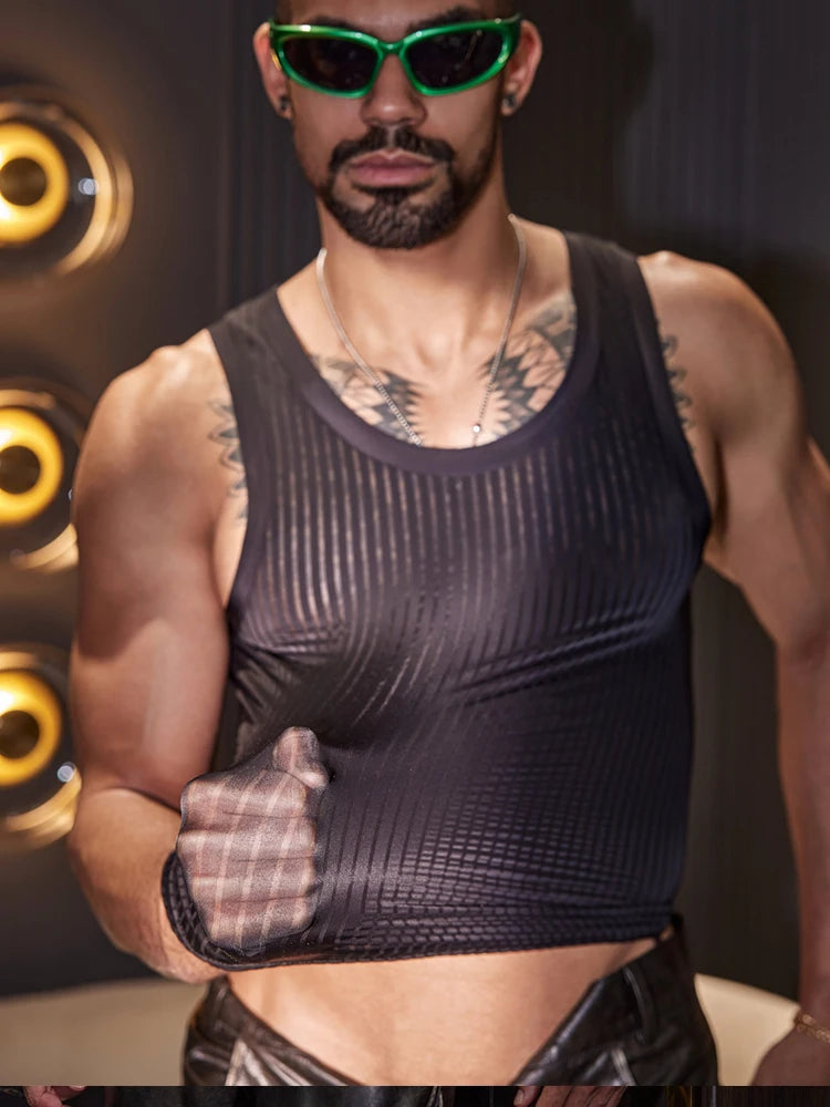 Sexy Men Oil Glossy Shiny Tank Tops Stripe Strap Vest Sheer See Through Fashion Top High Elastic Sleeveless Shirt