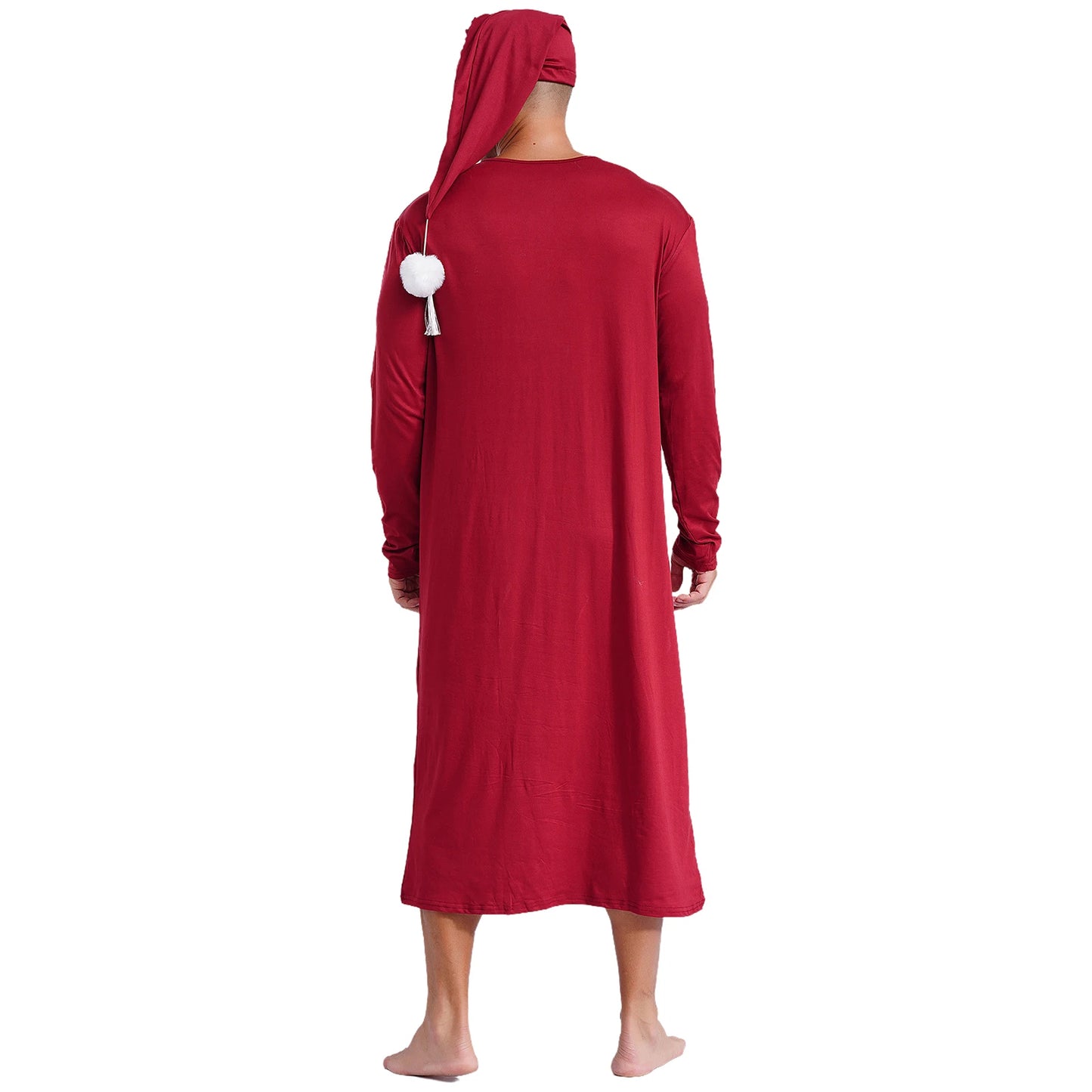 Mens Solid Color Long Sleeve Sleep Robe with Night Cap Round Neck Big & Tall Nightshirts Home Loungewear Pajamas Sleepwear