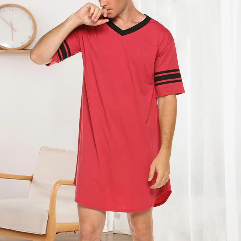 Men Loungewear Contrast Color Men Summer Long T-shirt Striped Print Sleeping Clothes Men Bathrobe Sleep Dress Homewear Robe
