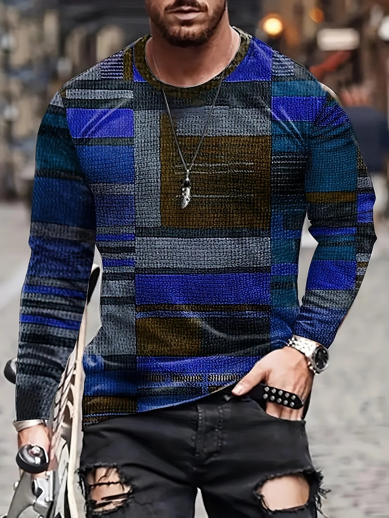 Men's Colorful Plaid Long Sleeve T-Shirt
