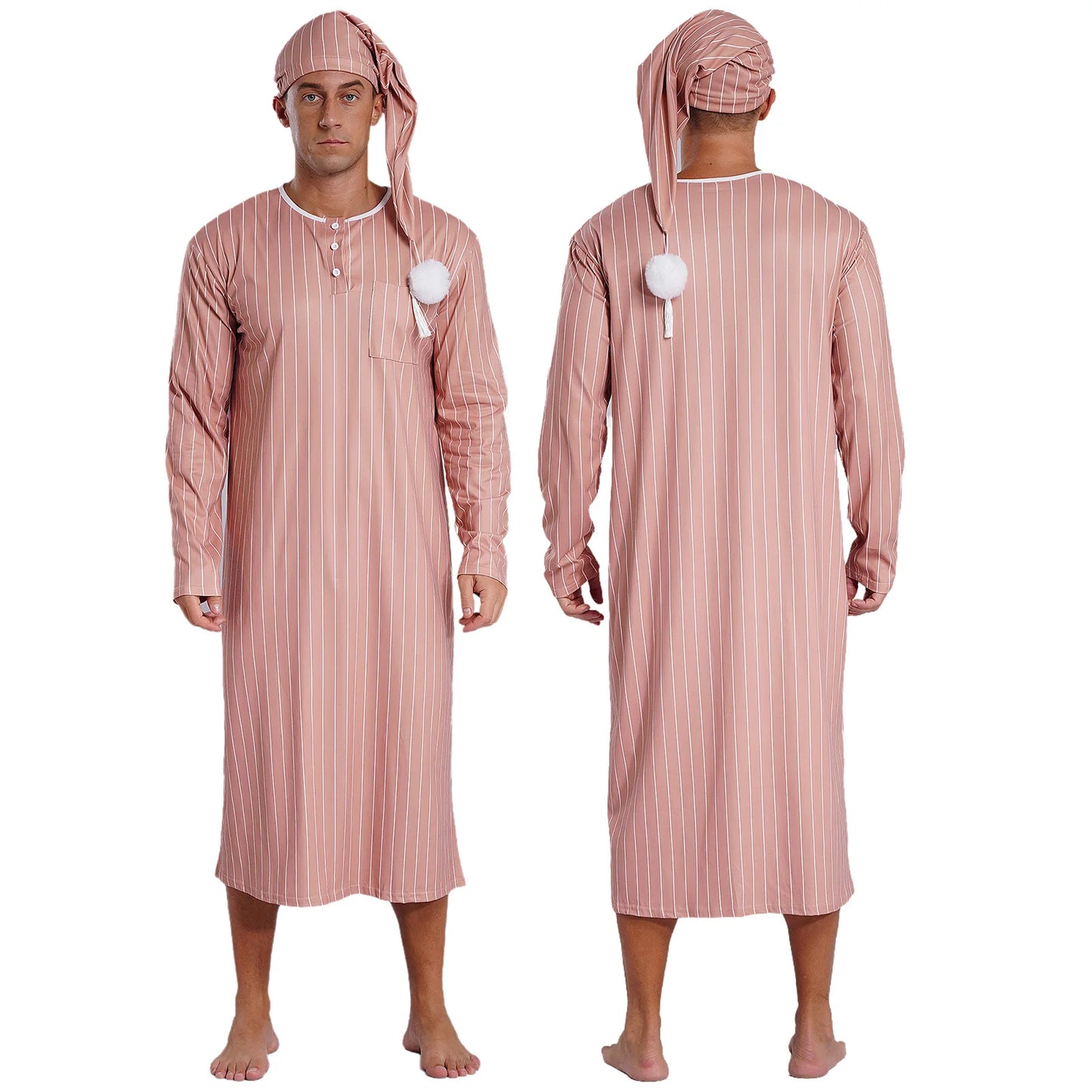 Mens Sissy Nightgown Striped Sleep Robe with Hat Set Complete Sleepwear Comfortable Loungewear Homewear for Holiday Nights