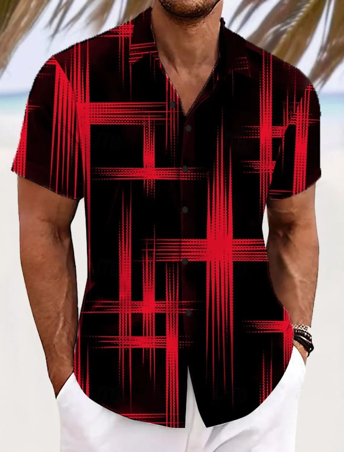 Men's Short Sleeve Geometric Plaid Hawaiian Shirt