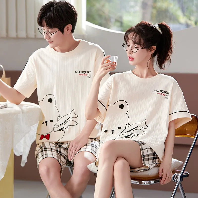 Couples Home Suit Women's Sleepwear Suit Man's Pajamas Set Cotton Short Sleeves Sleep Tops Shorts Pyjamas Nightwear Mujer Homme