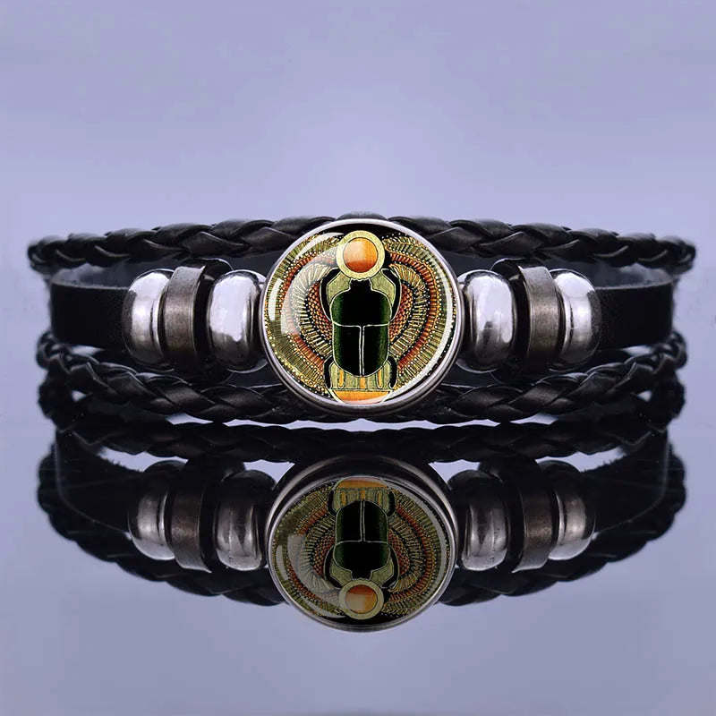 Egyptian Ankh Cross Punk Bracelet Vintage Ancient Egypt Anubis Scarab Goddess Woven Multilayer Bracelets Jewelry Gift