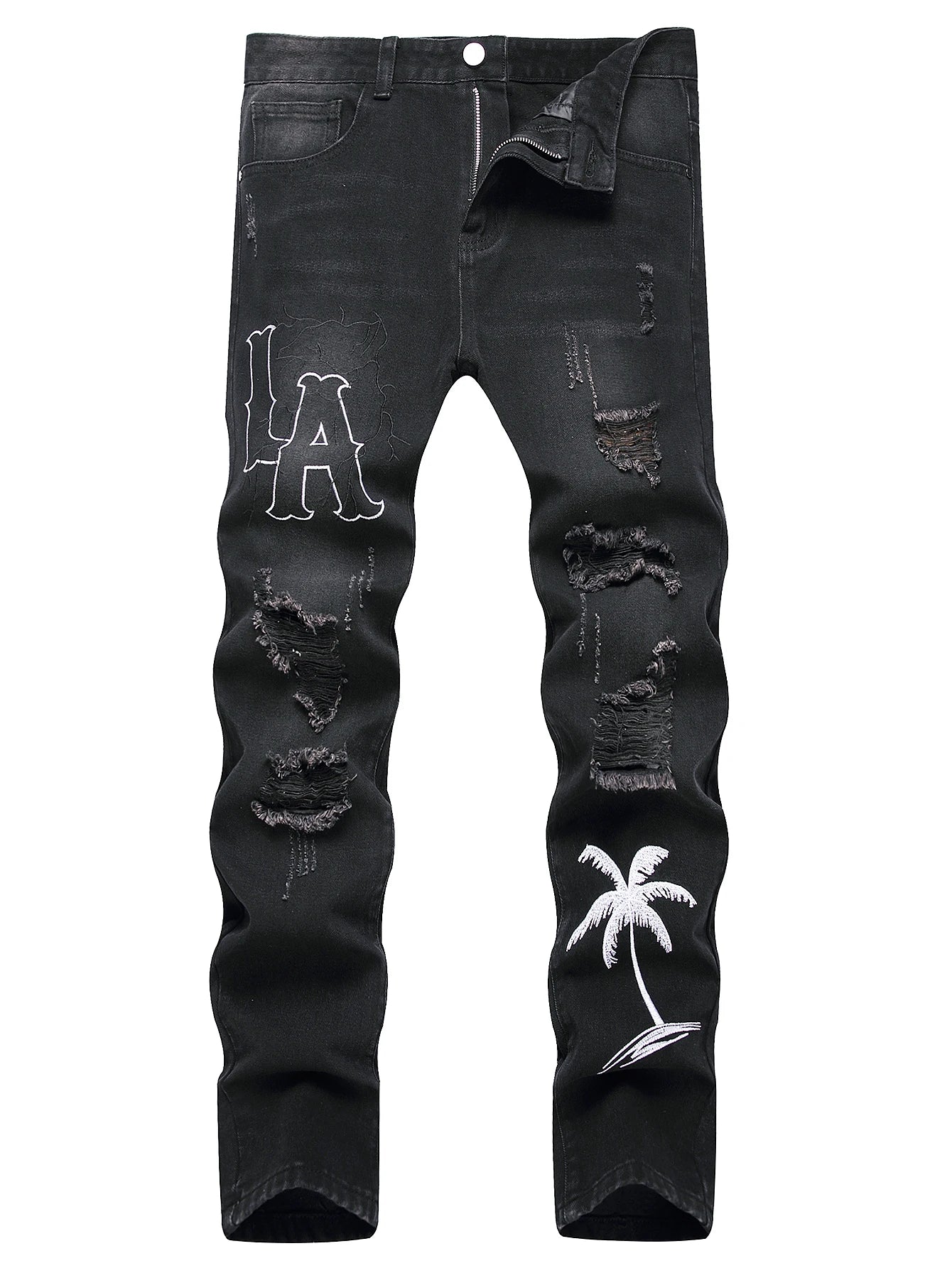 Men's Black Denim Slim Fit Jeans with White Embroidery