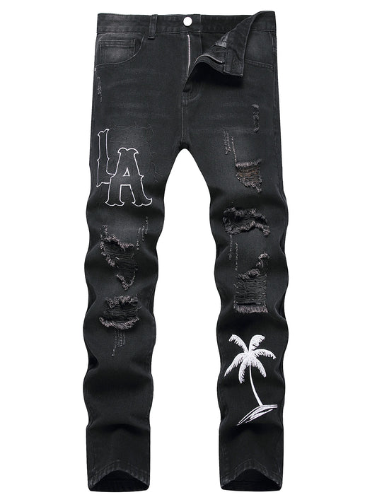 Men's Black Denim Slim Fit Jeans with White Embroidery