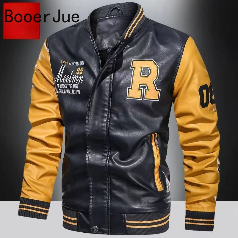 Bomber Jacket Men Leather Fleece Casual Zipper Coat