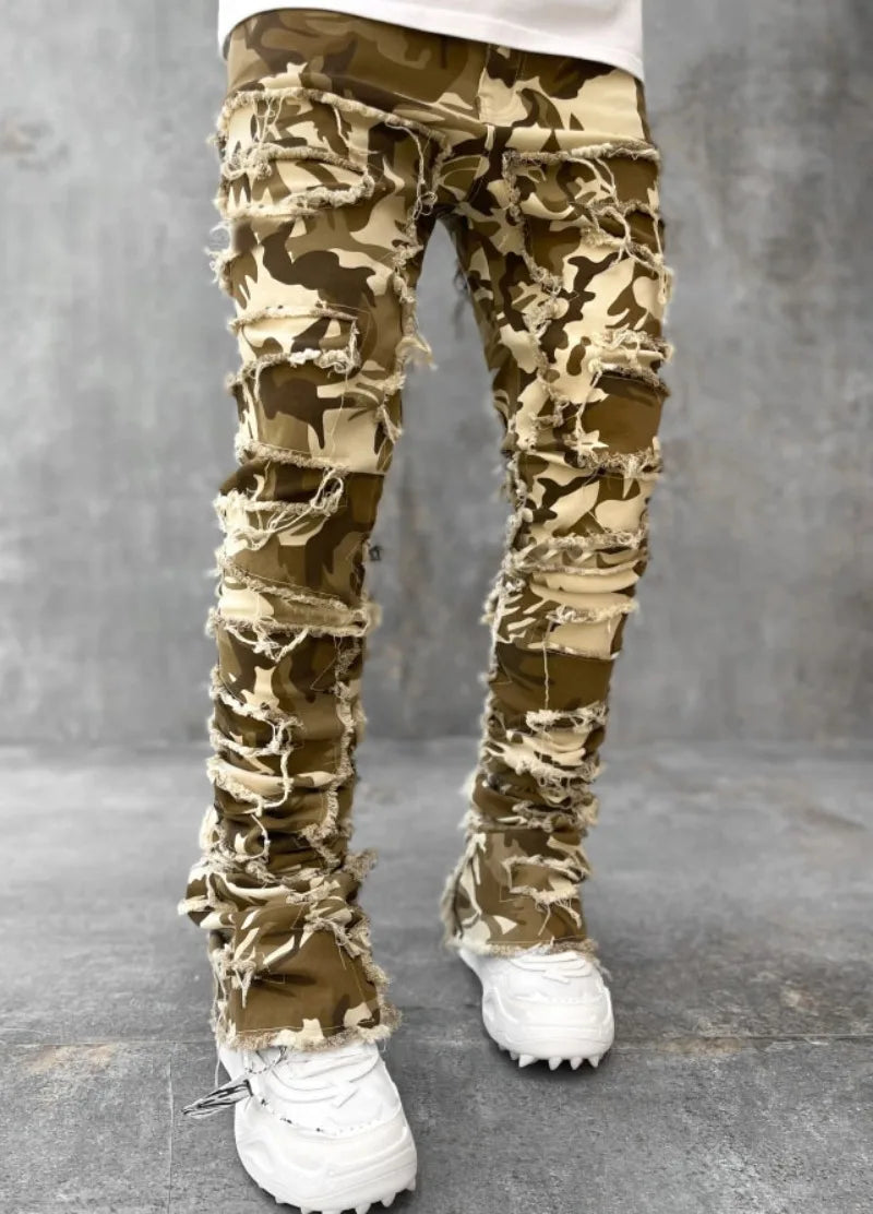 Men's Denim Straight Jeans with Tassels and Pockets