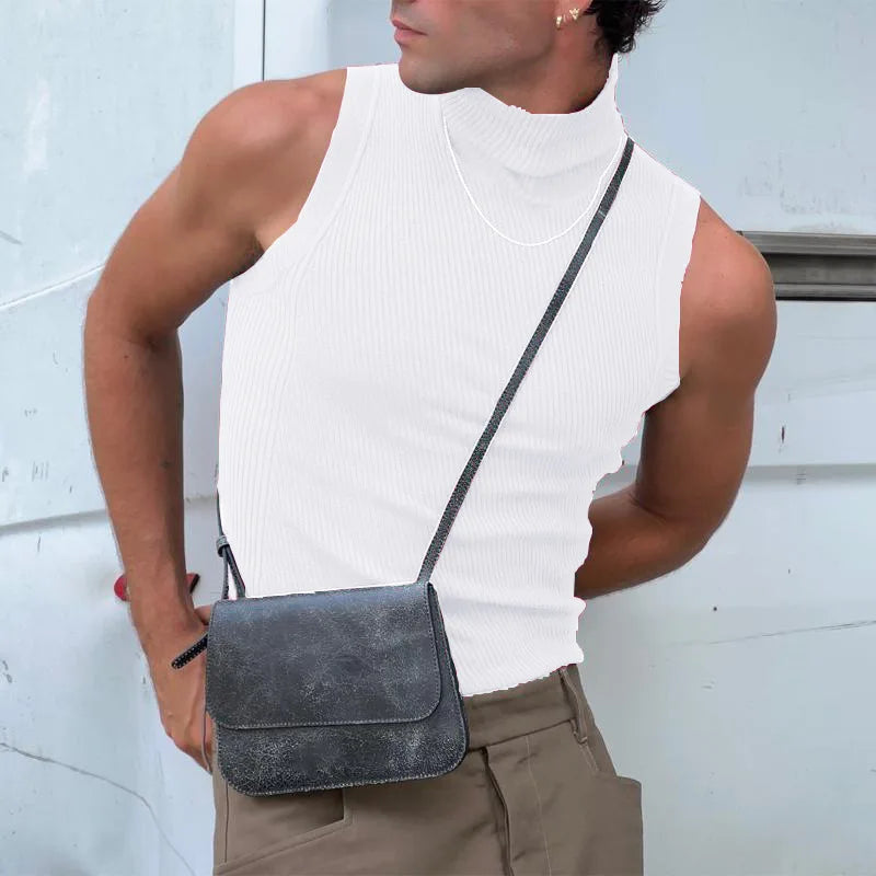 Men's Clothing Sexy Skinny Solid Color Tank Tops High Colalr Sleeveless Gym Streetwear Leisure Vests Party Basic Shirt S-3XL
