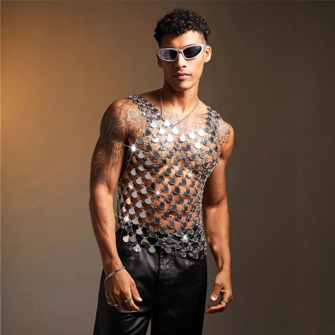 Men's Tops For Party Acrylic Shiny Mirror Vests Nightclub Top Trendy Laser Reflective Outfit Sexy Sleeveless Vests