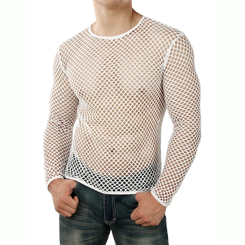 Mens Transparent Sexy Mesh T Shirt  New See Through  Fishnet Long Sleeve Muscle Undershirts Nightclub Party Perform Top Tees