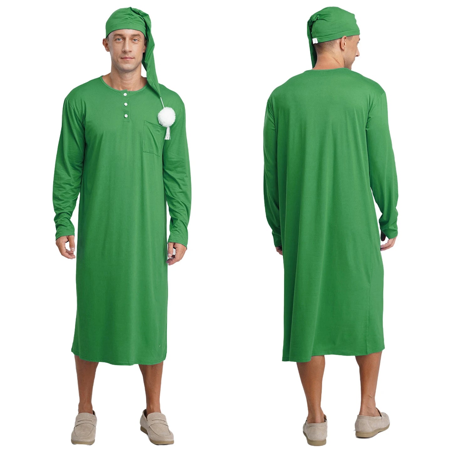 Mens Solid Color Long Sleeve Sleep Robe with Night Cap Round Neck Big & Tall Nightshirts Home Loungewear Pajamas Sleepwear