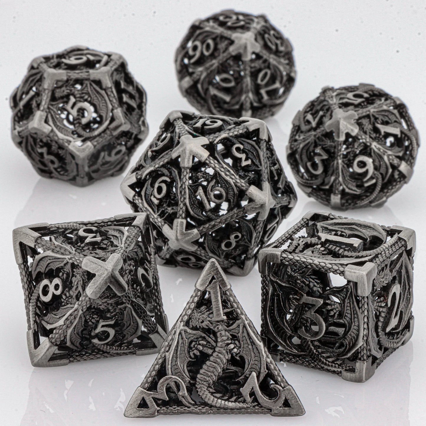 GSF Polyhedral Metal Dragon D&D Dice Set for Dungeons and Dragons Hollow Metal Dice