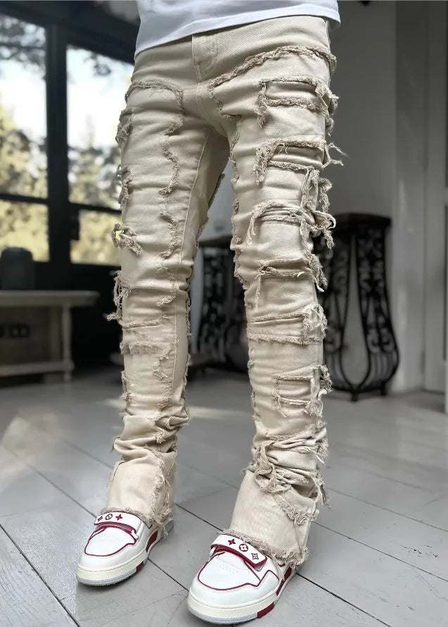 Men's Denim Straight Jeans with Tassels and Pockets