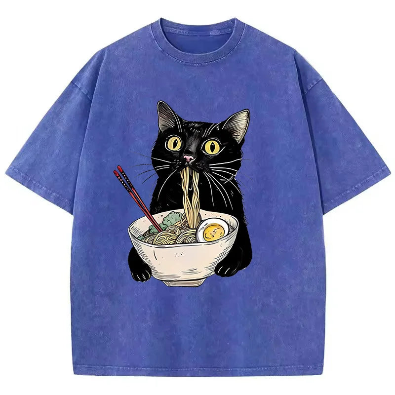 Black Cotton Cat Eating Ramen Graphic Tee