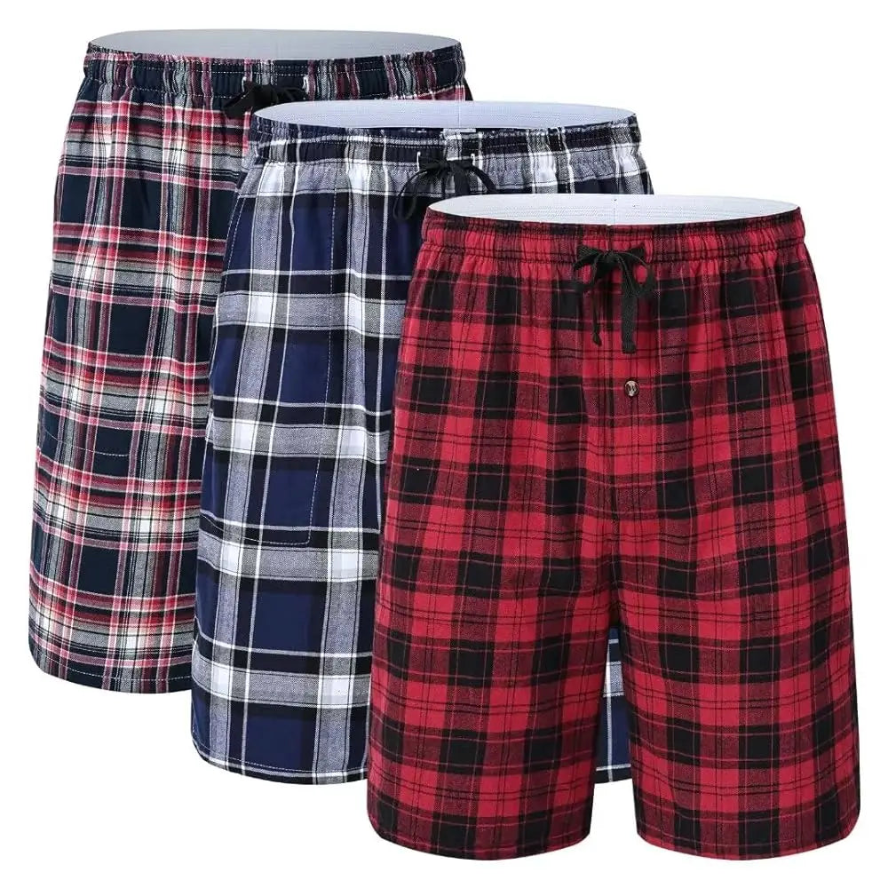 100% Cotton 3Pcs Mens Underwear Boxers Shorts Male Breathable Loose Pajama Sleep Bottoms Shorts Plaid Comfortable Homewear