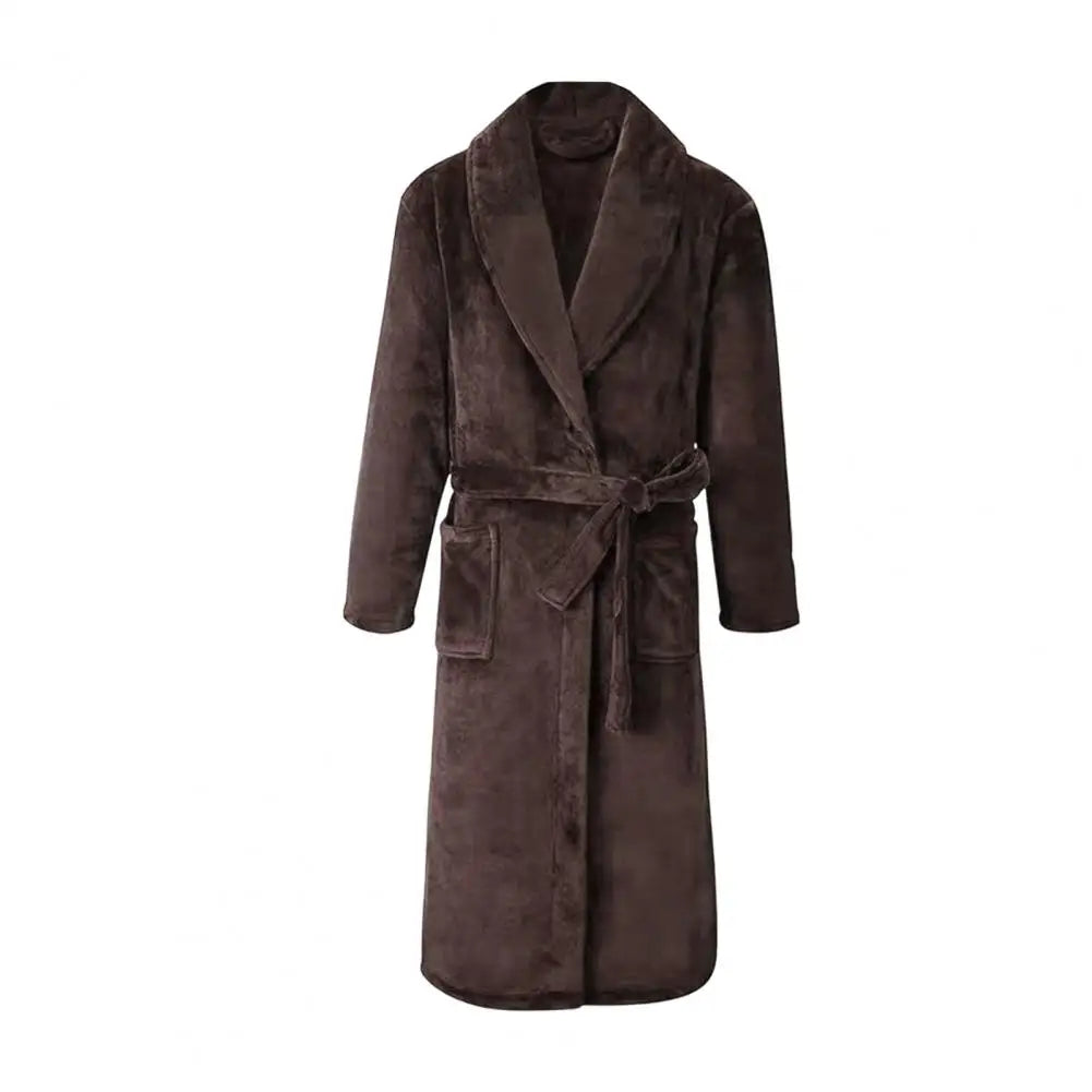 Men Women Bath Robe Lapel Long Sleeve Knee-Length Bathrobe With Belt Pockets Flannel Soft Loungewear Nightwear Plush Spa Robe