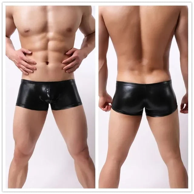 Men's Shiny Leather Boxer Shorts with U Convex Pouch