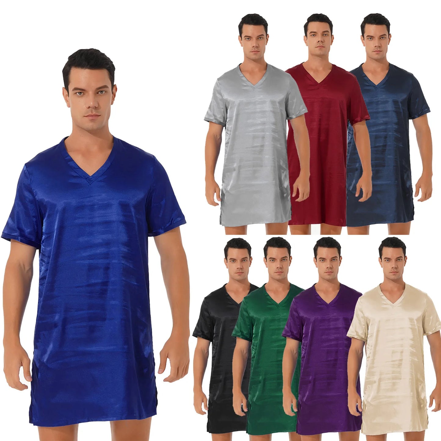 Women Men Silk Satin Pajamas Sleepwear Short Sleeves Nightshirt Kimono Bathrobe Sleep Gown Robe Summer Nightgown Homewear