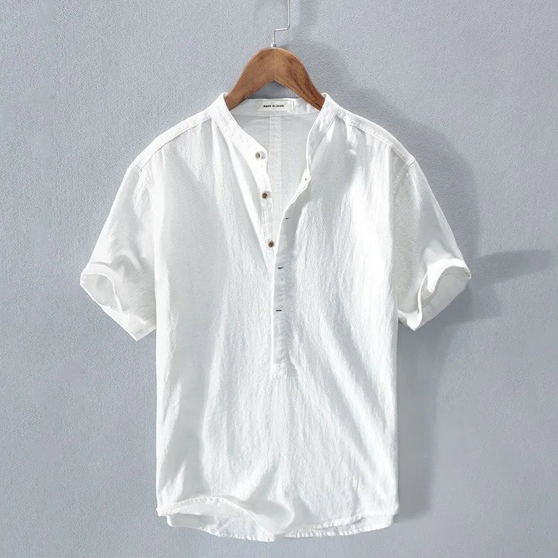 New Mens Short Sleeve T Shirts Solid Color Stand Up Collar Shirt Summer Trendy Breathable Loose Youth Basic Cotton Pocket Top