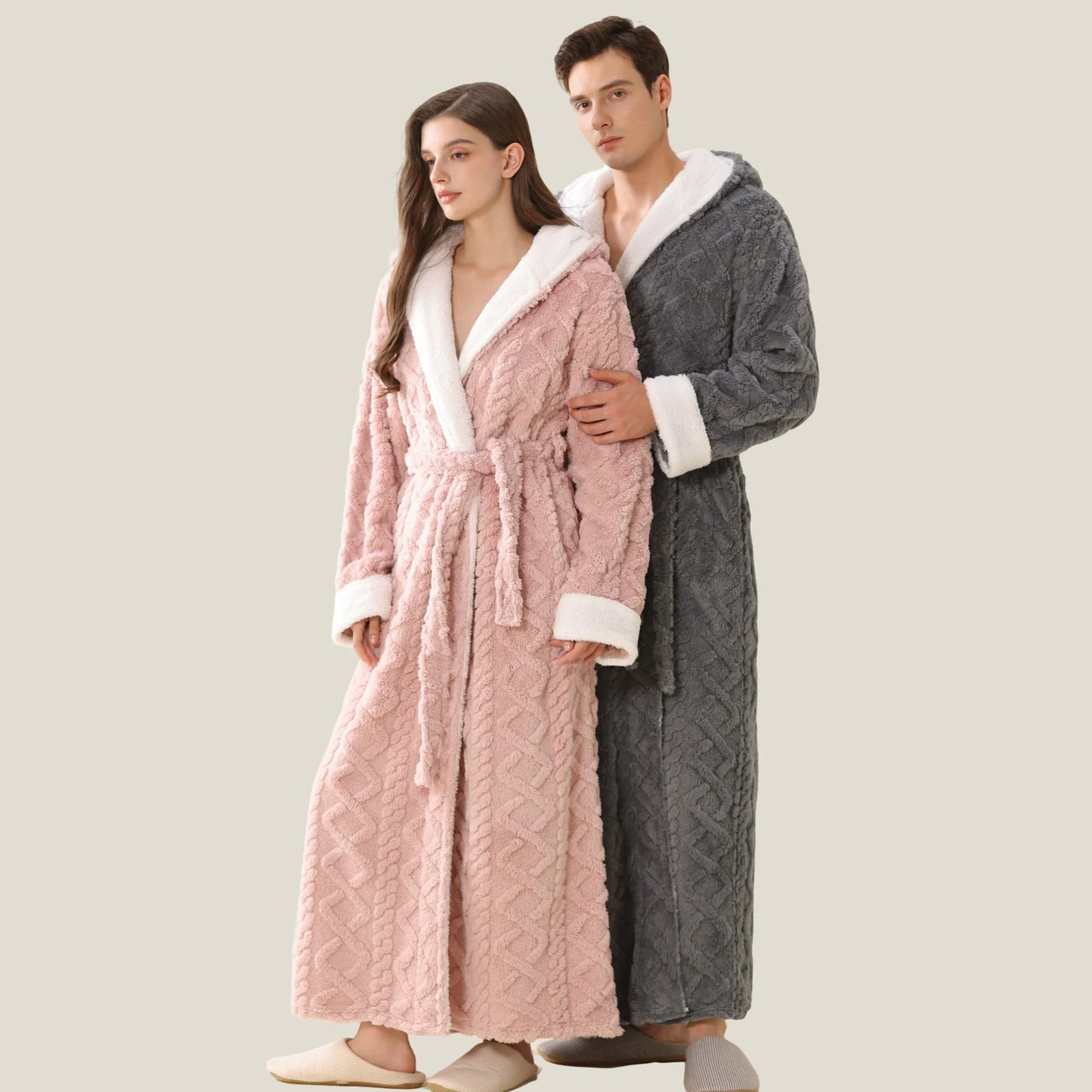 New Winter Flannel Hooded Men Long Robe Lounge Wear Thicken Warm Coral Fleece Male Sleepwear Kimono Bathribe Gown Loose Homewear