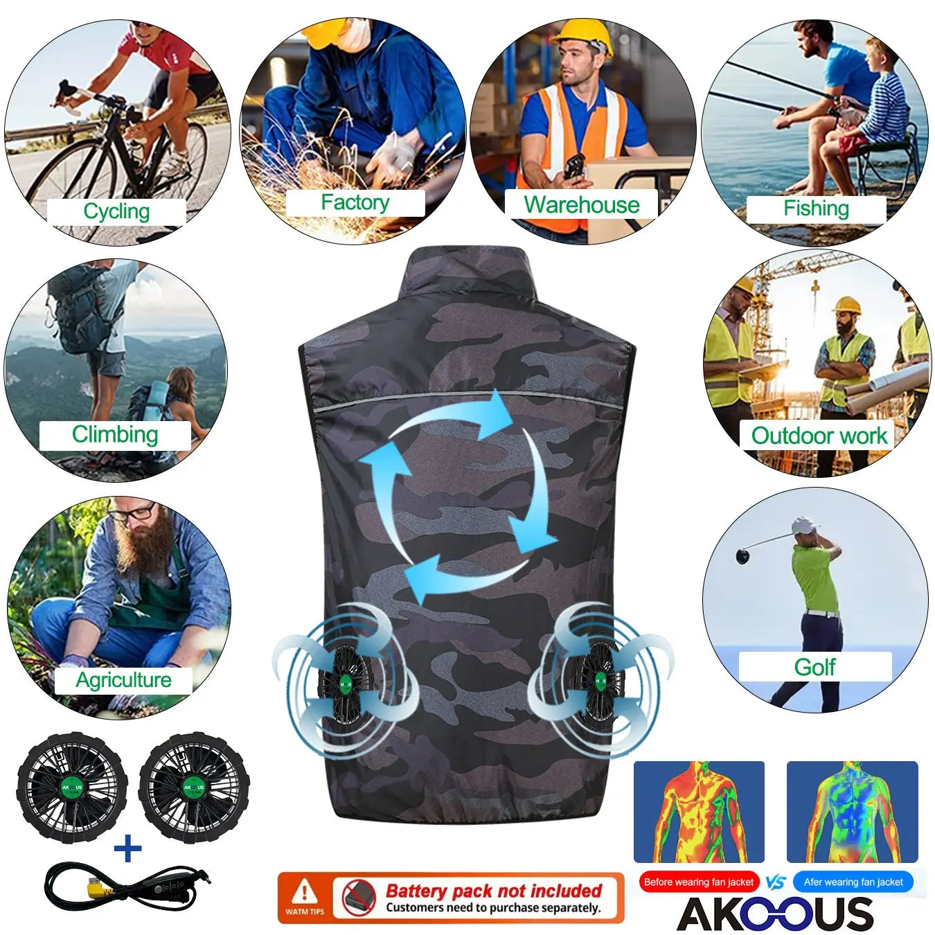 AKOOUS 12V/5V USB Cooling Vest for Men and Women
