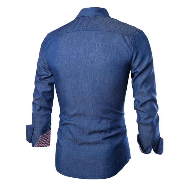 Navy Blue Long Sleeve Denim Shirt for Men