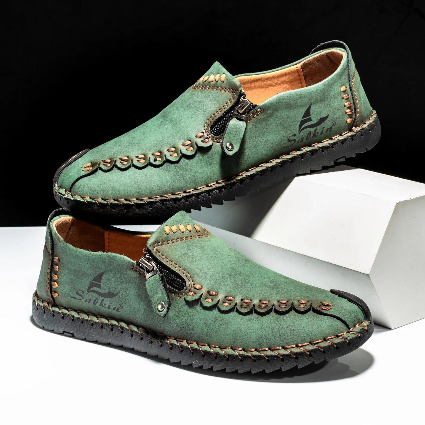 Men's Breathable Leather Casual Shoes with Zip Closure