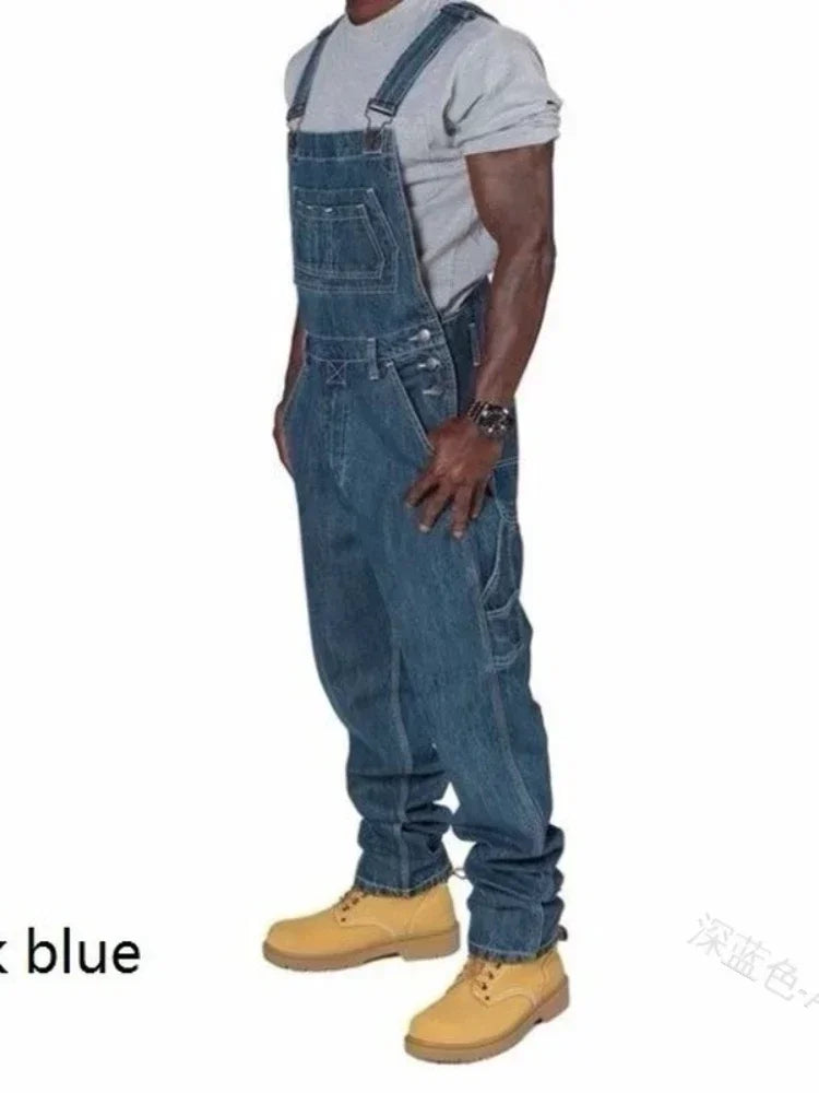 Casual Men’s Denim Overalls with Pockets and Elastic Waist
