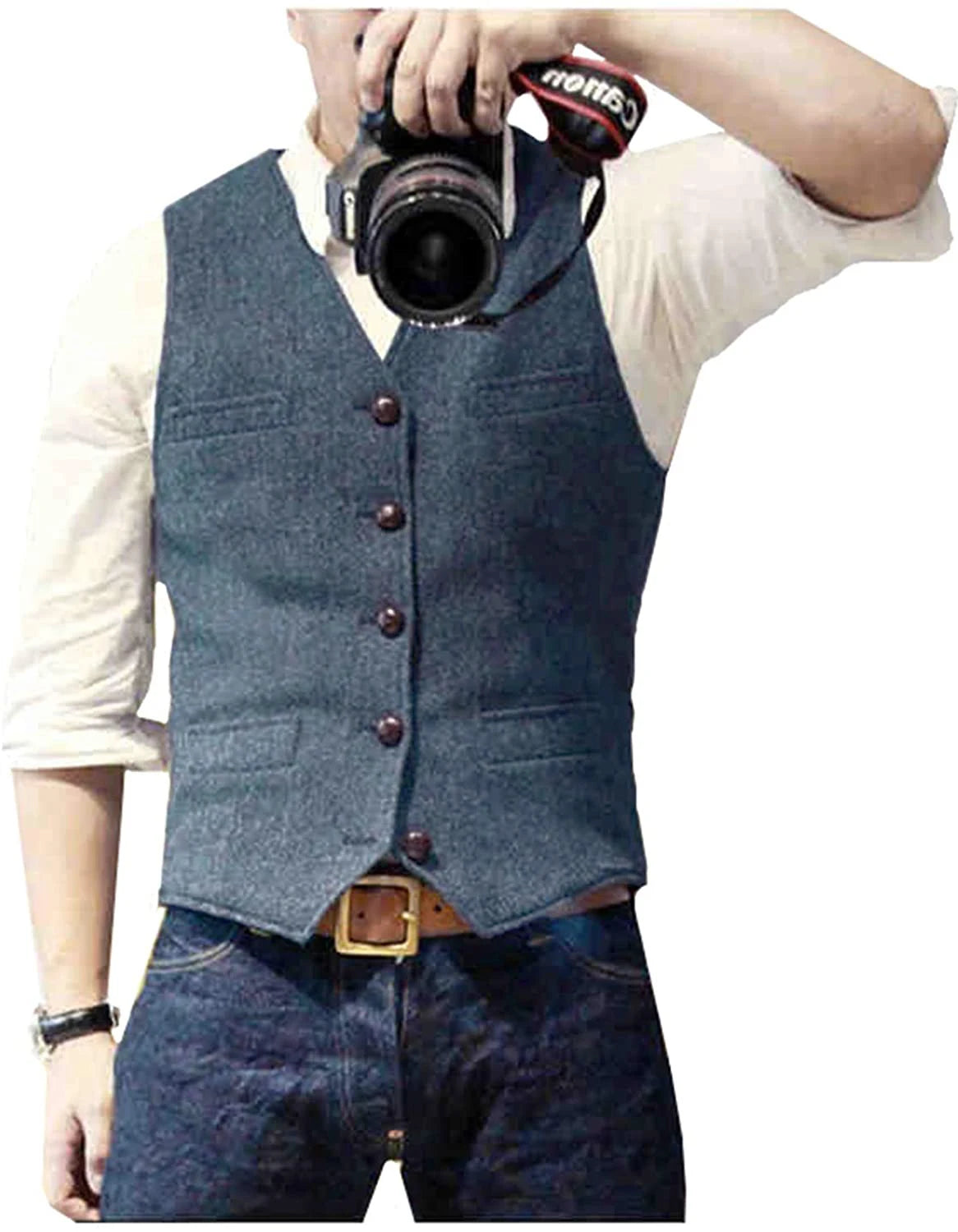Men's Herringbone Tweed V Neck Slim Fit Vest for Weddings