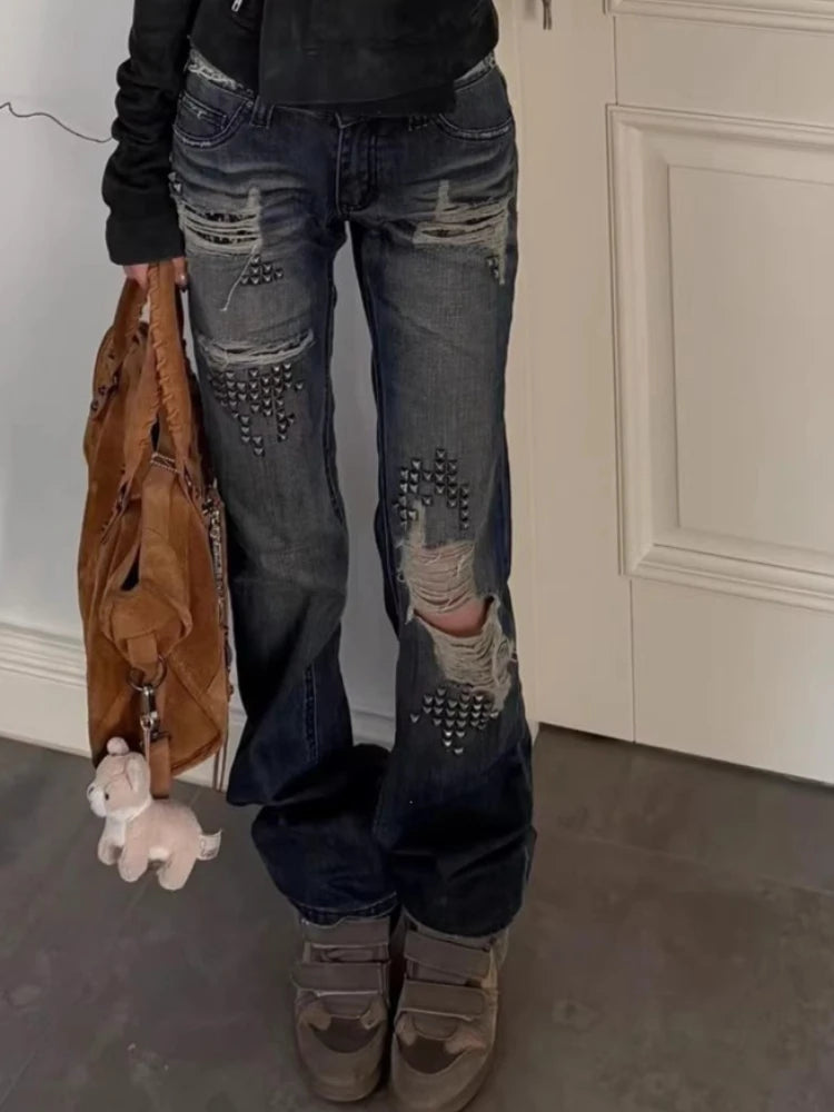 Vintage Y2K Studded Patchwork Denim Jeans for Men