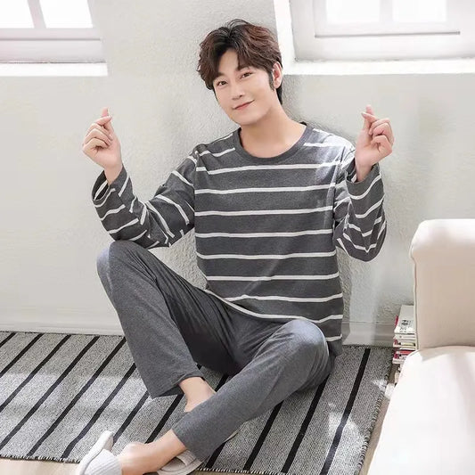Men's Long-Sleeved Pajamas Set with Elastic Waist