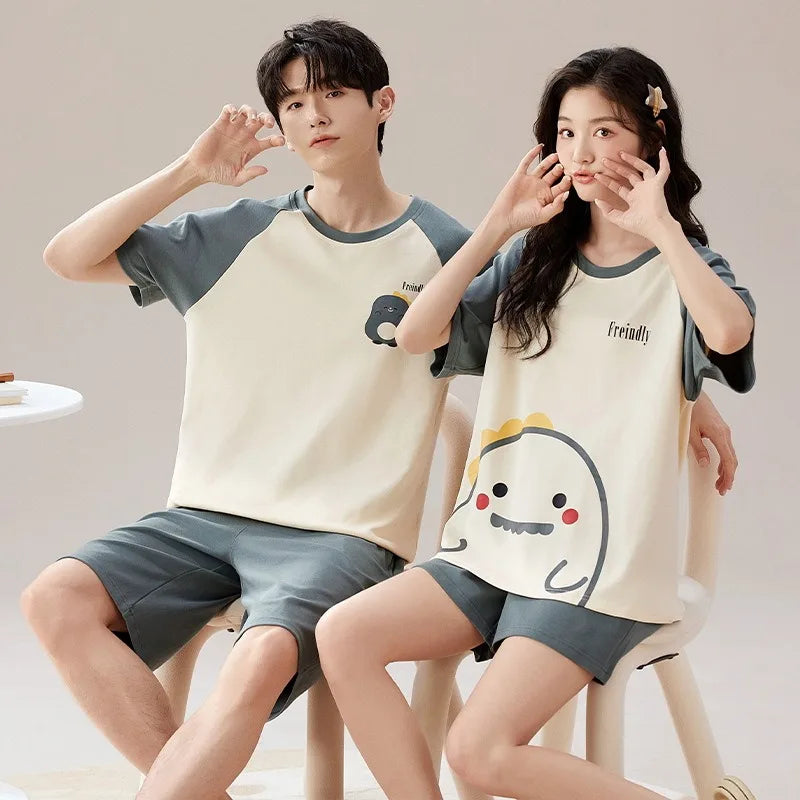Couples Home Suit Women's Sleepwear Suit Man's Pajamas Set Cotton Short Sleeves Sleep Tops Shorts Pyjamas Nightwear Mujer Homme