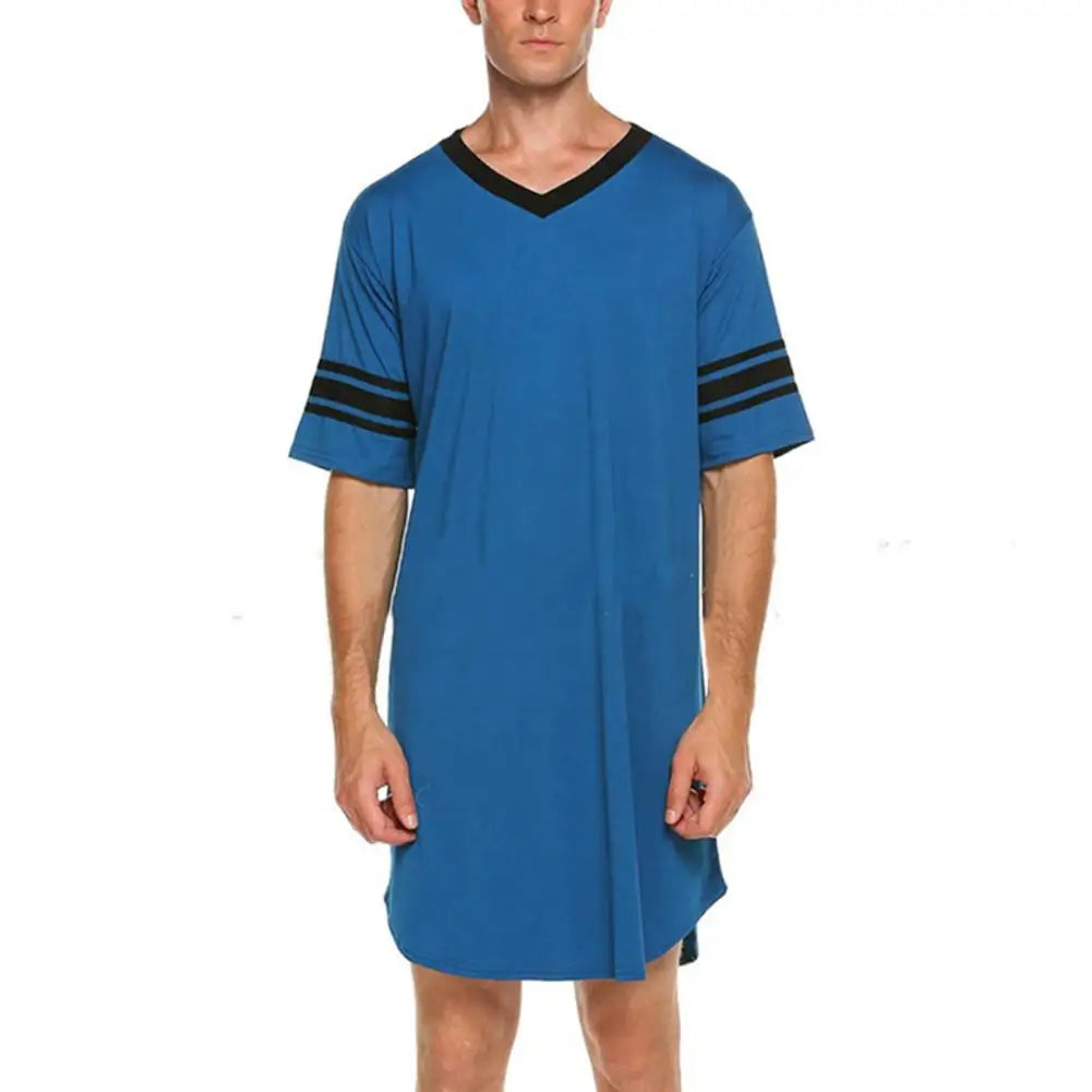 Men Loungewear Contrast Color Men Summer Long T-shirt Striped Print Sleeping Clothes Men Bathrobe Sleep Dress Homewear Robe