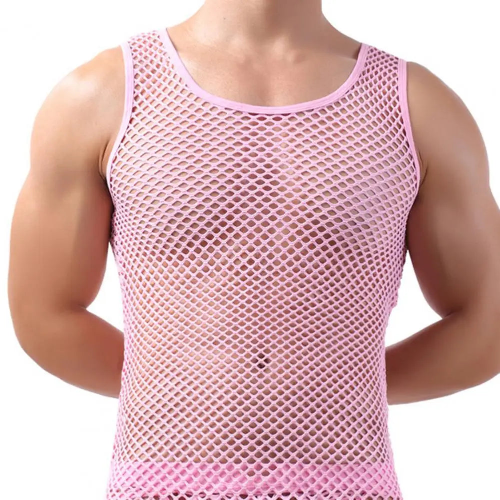 Men's Sleeveless Vests Men Undershirt Mesh See-Through Sleepwear Fish Net Solid Color Vest for Sleeping Perspective Tank Tops
