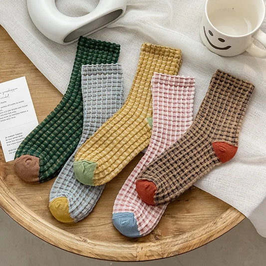 Women's Retro Vintage Cotton Plaid Crew Socks