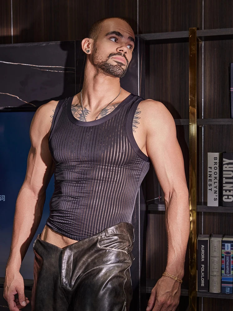 Sexy Men Oil Glossy Shiny Tank Tops Stripe Strap Vest Sheer See Through Fashion Top High Elastic Sleeveless Shirt