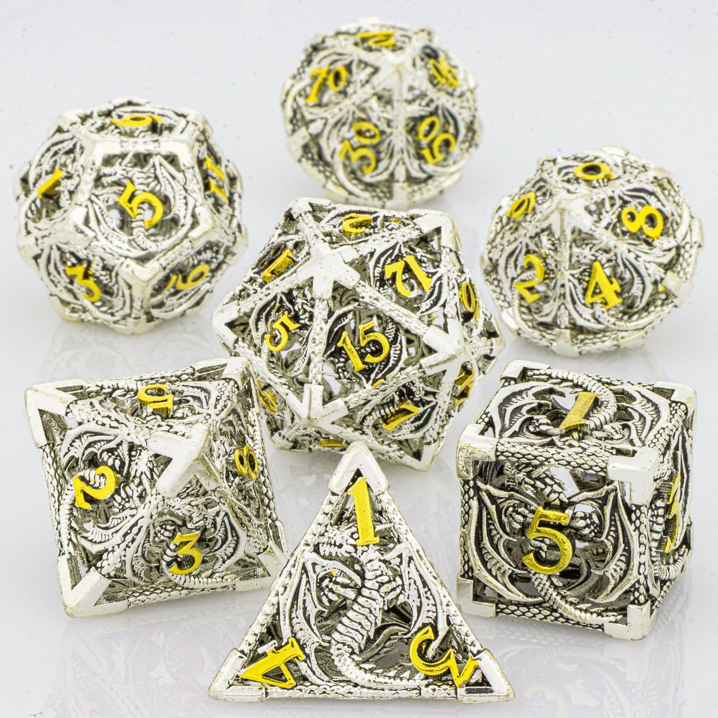 GSF Polyhedral Metal Dragon D&D Dice Set for Dungeons and Dragons Hollow Metal Dice