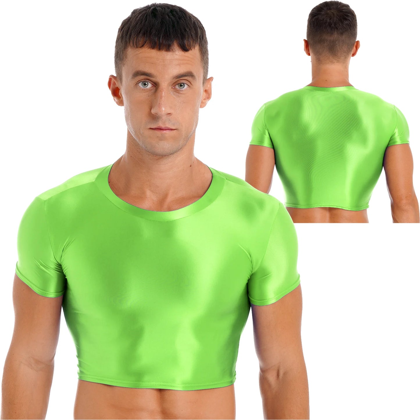 Mens Glossy Crop Top Short Sleeve Oil Shiny Slim Fit Sports Fitness T-shirt Tee Workout Cheer Booty Dance Tops Swimwear Clubwear