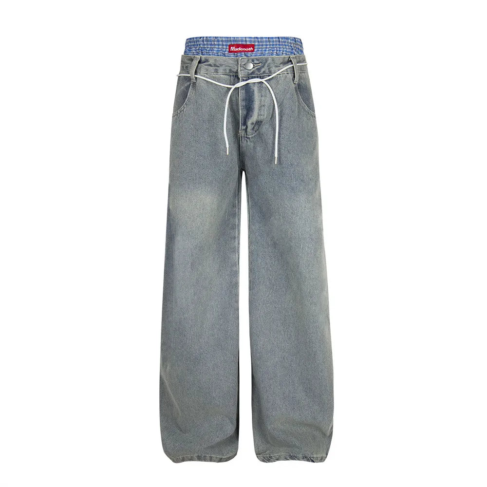 Double Waist Jeans Mens with Belt Retro High Street Loose Straight Wide Leg Washed Distressed Denim Pants Men