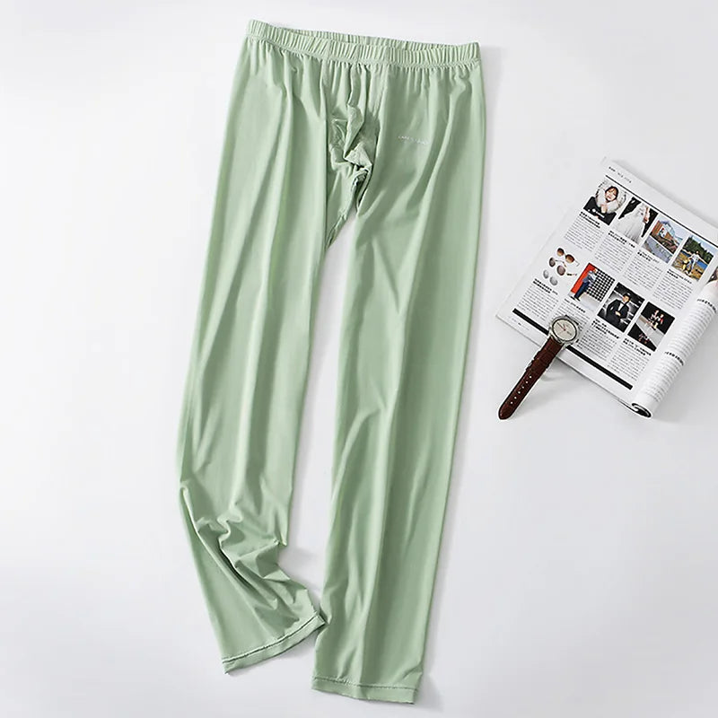 Mens Ice Silk Long Johns Homme Sleepwear Underwear Bottom Trousers Ultra-Thin Thermal Underwear Bottoms