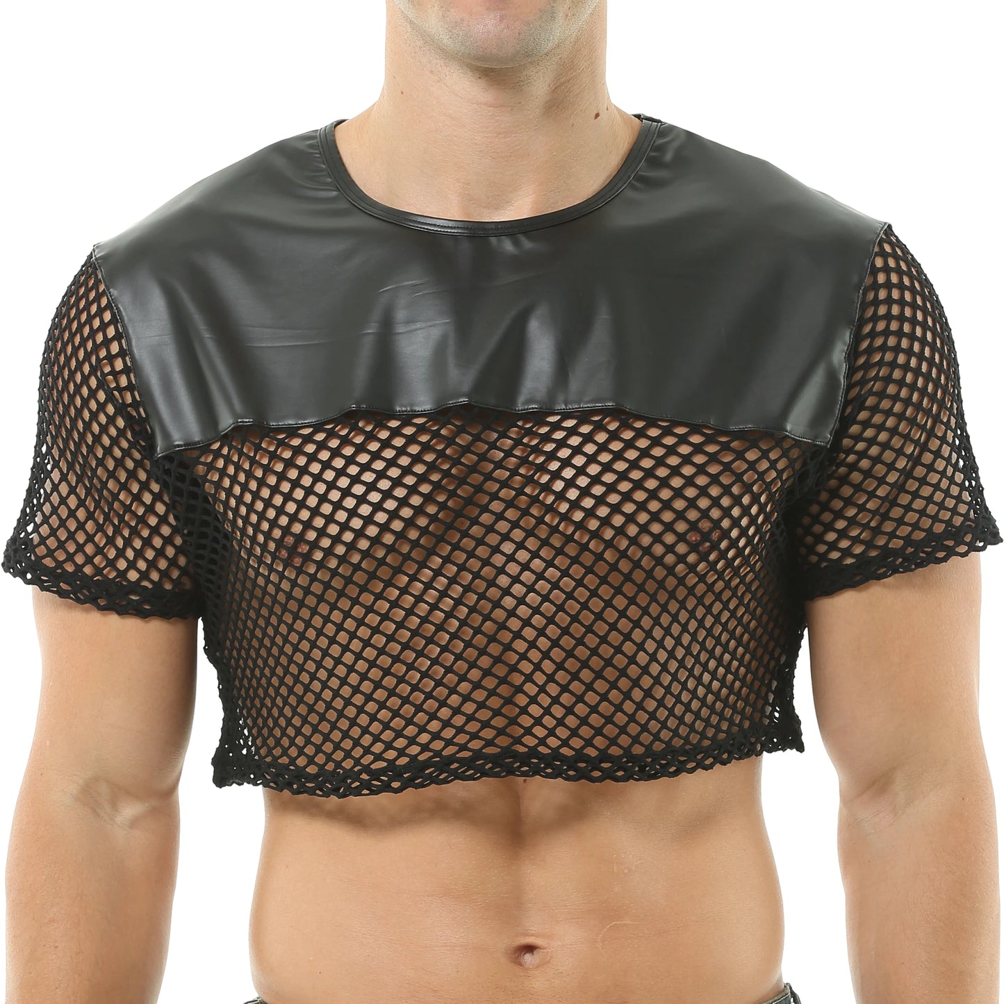 Sexy Mens Undershirts Short Sleeve Transparent Mesh Crop Tops Fishnet Hollow Out T Shirts Sport Nightclub Muscle Sheer Tees Tops