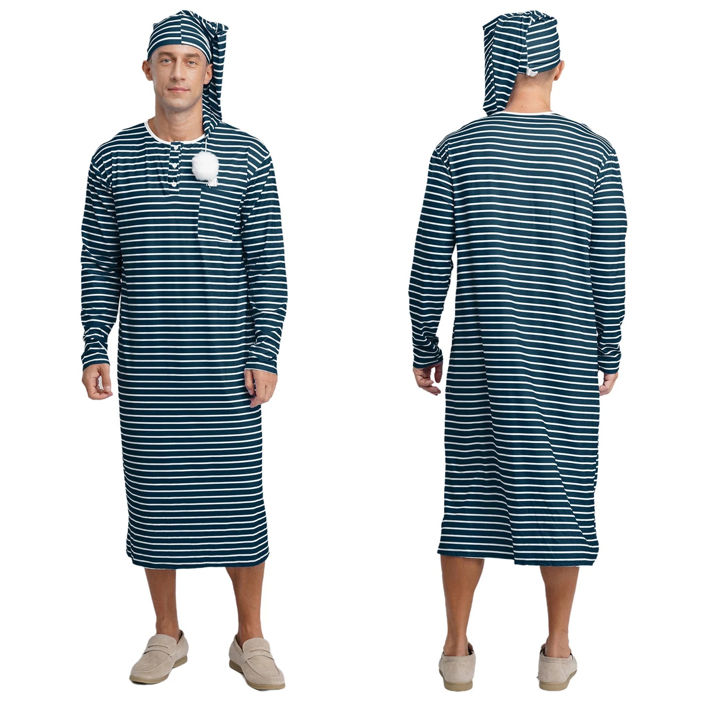 Mens Sissy Nightgown Striped Sleep Robe with Hat Set Complete Sleepwear Comfortable Loungewear Homewear for Holiday Nights