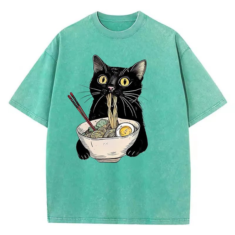 Black Cotton Cat Eating Ramen Graphic Tee