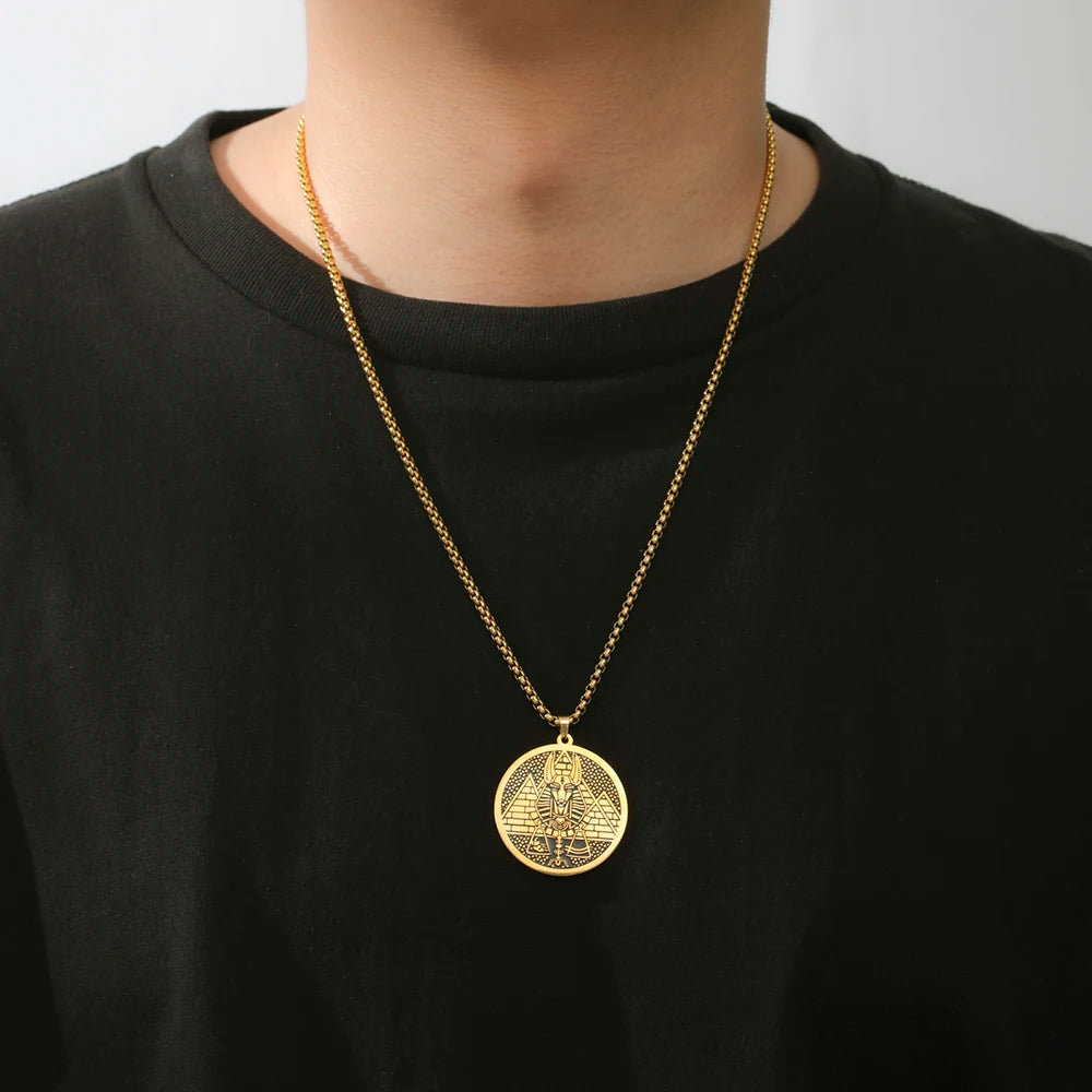 Egyptian God Anubis Double Sides Necklace Pharaoh Pyramid Eye of Horus Protection Amulet Stainless Steel Ancient Egypt Jewelry
