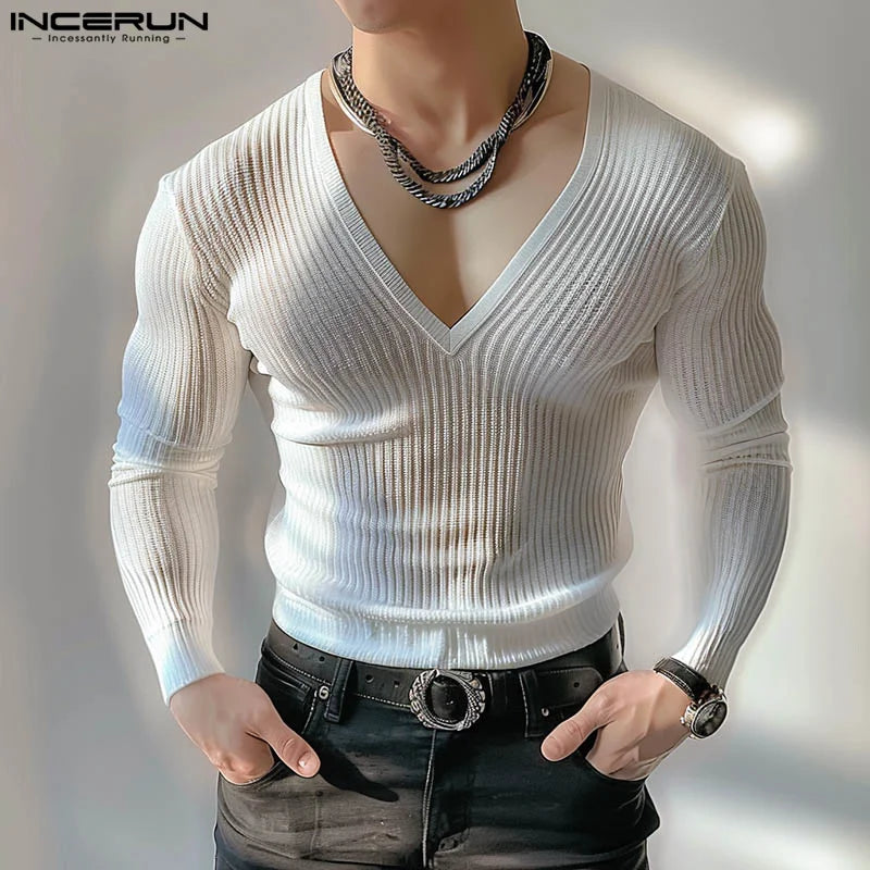 Handsome Well Fitting Tops INCERUN 2024 Men's Solid V-neck Knitted T-shirts Summer Casual Streetwear Long Sleeved Camiseta S-5XL